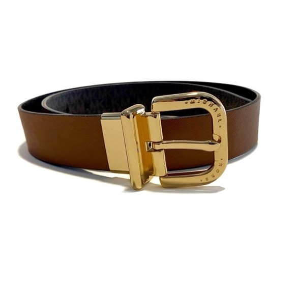 Michael Kors Brown Tan Logo Gold Buckle Belt NWT - Picture 2 of 9